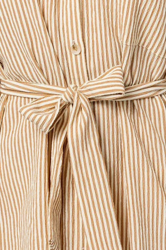 TEEK - Cream-Taupe Stripe Half-Sleeve Buttoned Shirt Dress