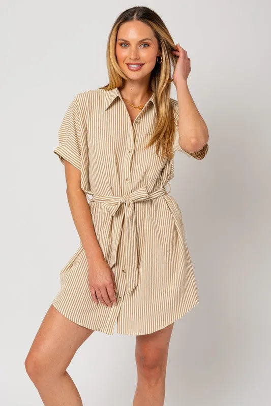 TEEK - Cream-Taupe Stripe Half-Sleeve Buttoned Shirt Dress