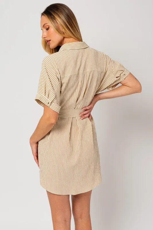 TEEK - Cream-Taupe Stripe Half-Sleeve Buttoned Shirt Dress