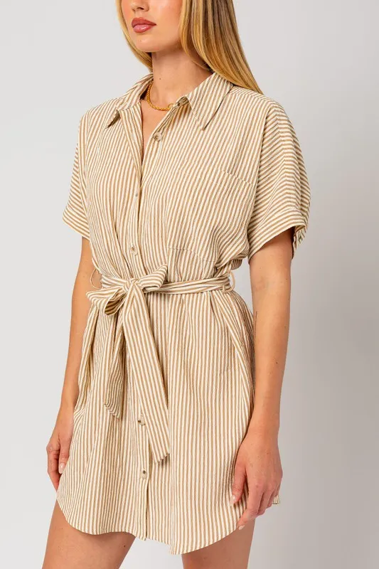 TEEK - Cream-Taupe Stripe Half-Sleeve Buttoned Shirt Dress