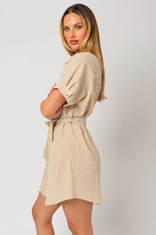 TEEK - Cream-Taupe Stripe Half-Sleeve Buttoned Shirt Dress