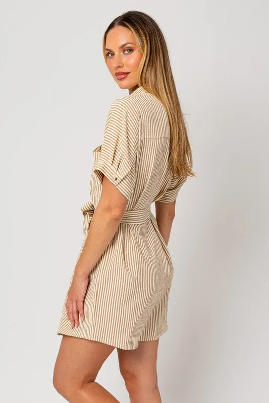 TEEK - Cream-Taupe Stripe Half-Sleeve Buttoned Shirt Dress