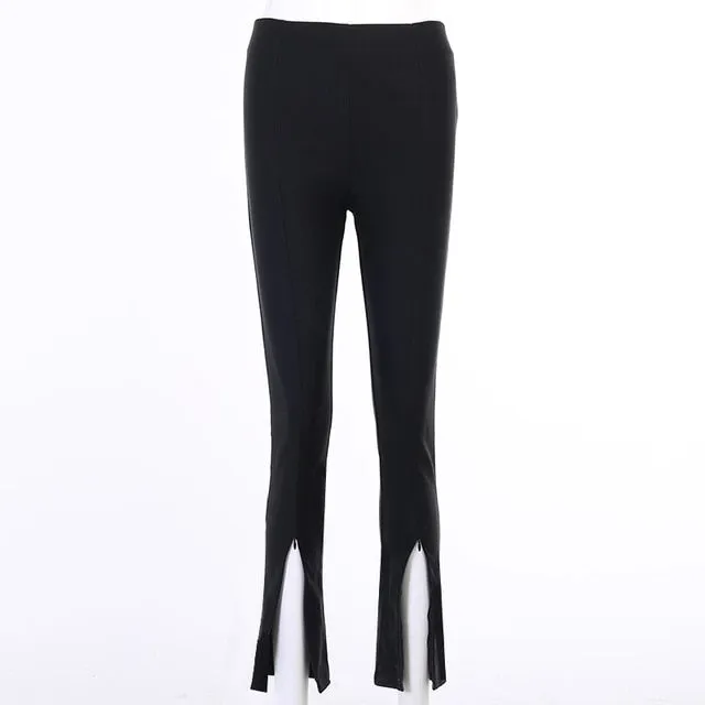 Trendy High Waist Black Split Slim Flare Black Pants