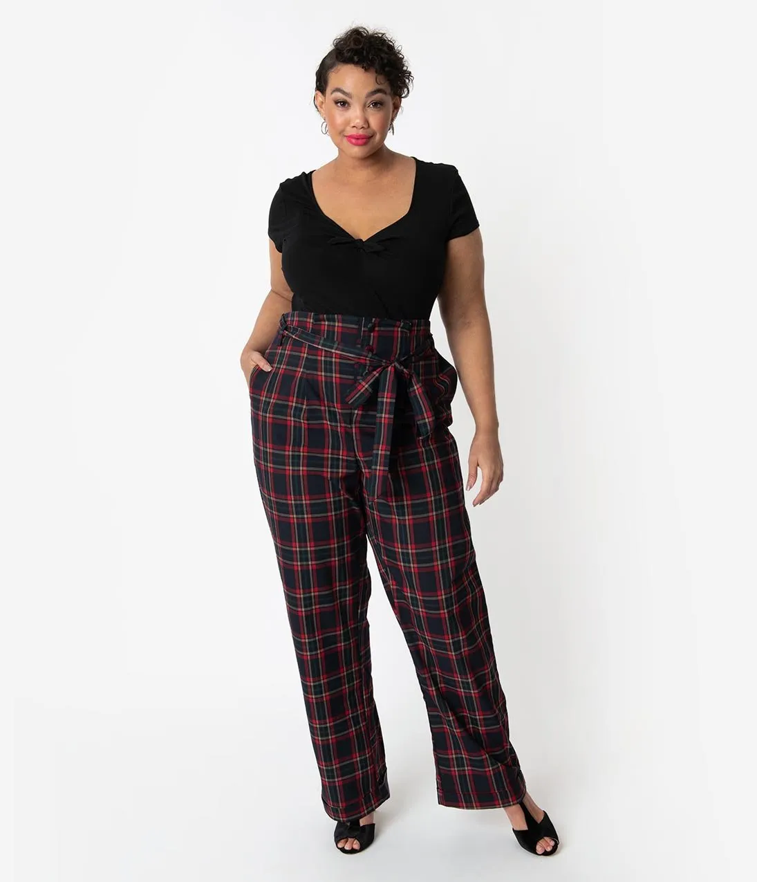 Unique Vintage Plus Size 1940s Style Black & Red Plaid Paper Bag High Waisted Myrna Pants