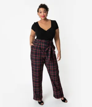 Unique Vintage Plus Size 1940s Style Black & Red Plaid Paper Bag High Waisted Myrna Pants