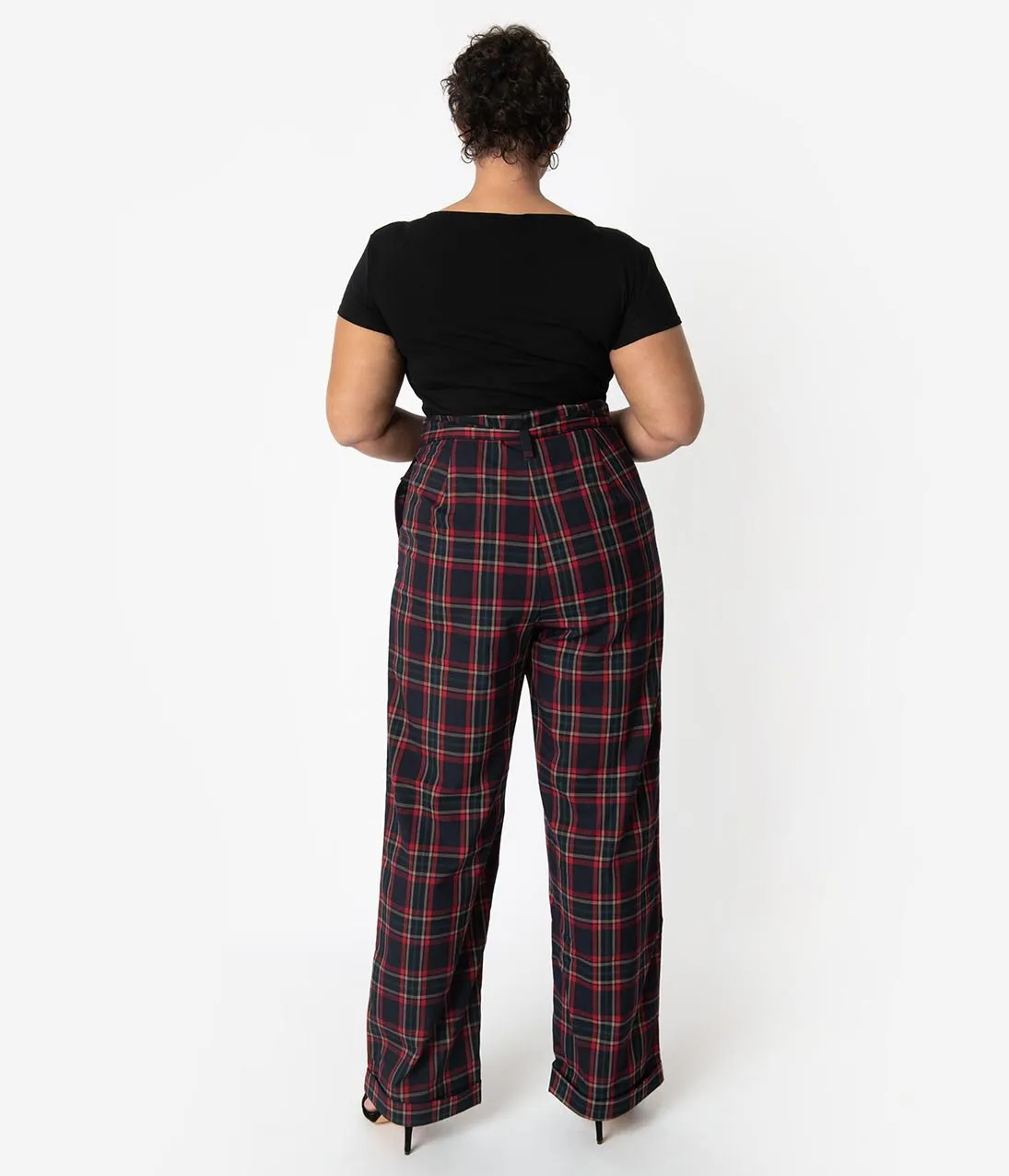 Unique Vintage Plus Size 1940s Style Black & Red Plaid Paper Bag High Waisted Myrna Pants