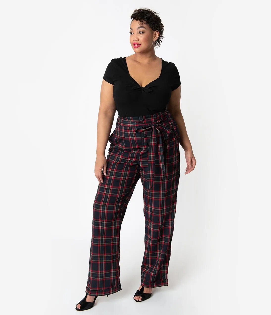 Unique Vintage Plus Size 1940s Style Black & Red Plaid Paper Bag High Waisted Myrna Pants