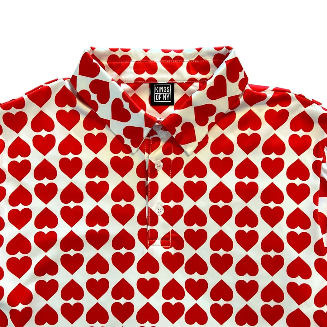 Valentines Day Red Heart Print Mens Golf Polo Shirt