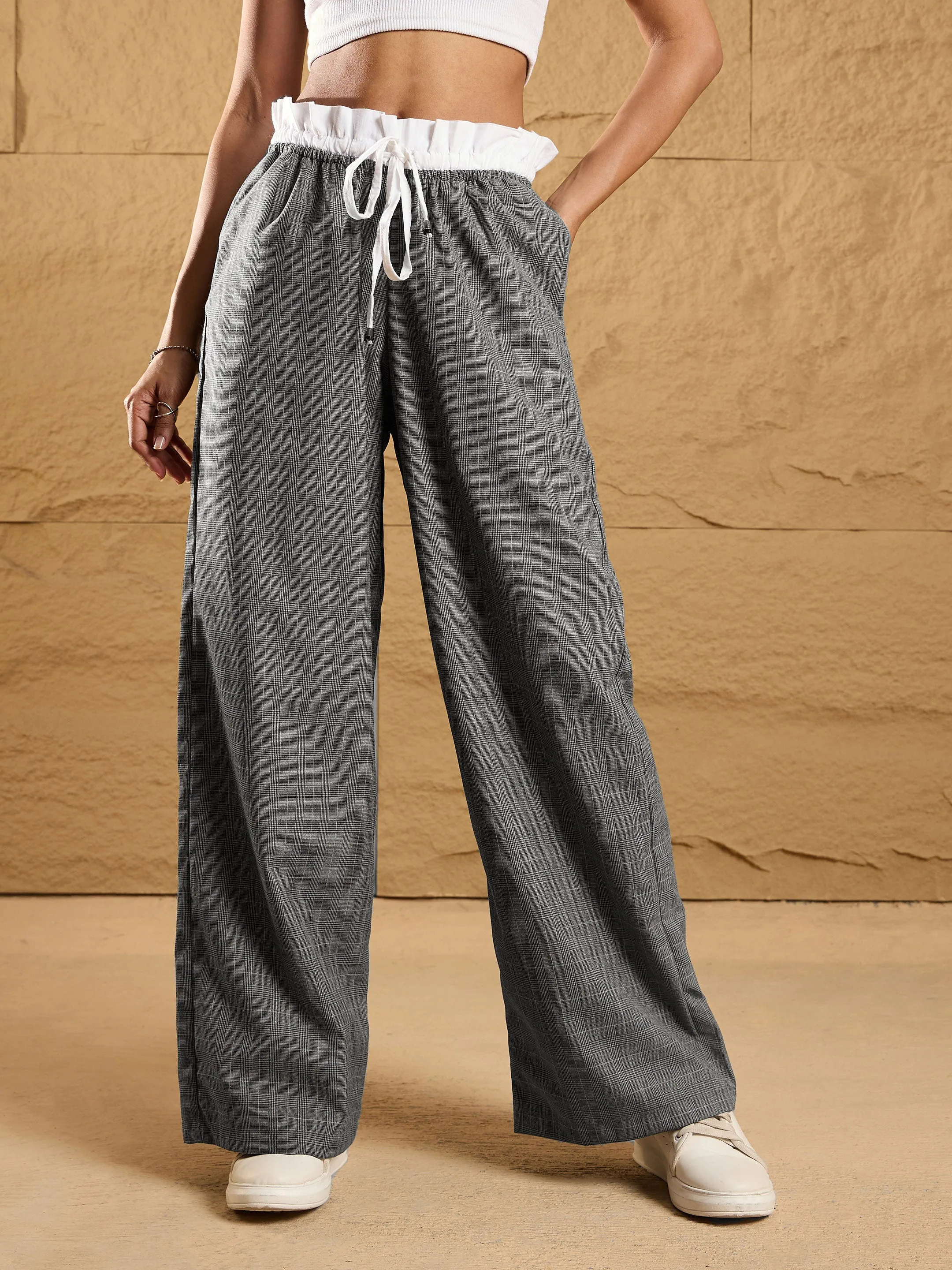 Women Black & Grey Check Contrast Paperback Waist Pants