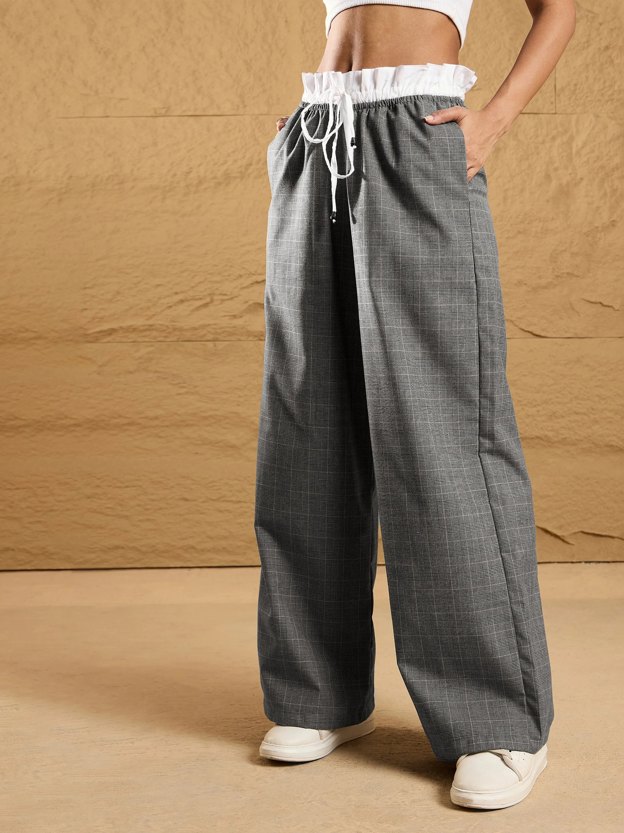 Women Black & Grey Check Contrast Paperback Waist Pants