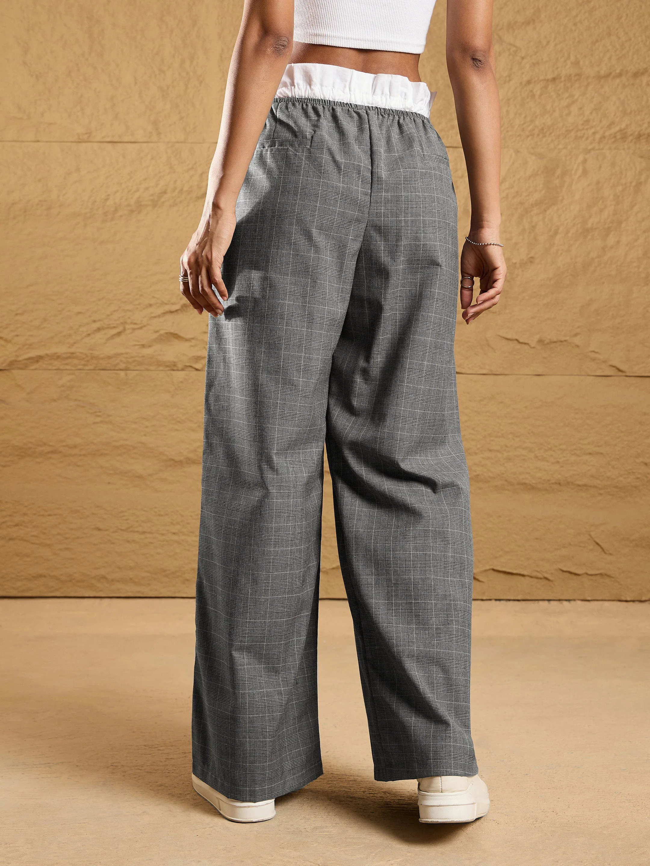 Women Black & Grey Check Contrast Paperback Waist Pants