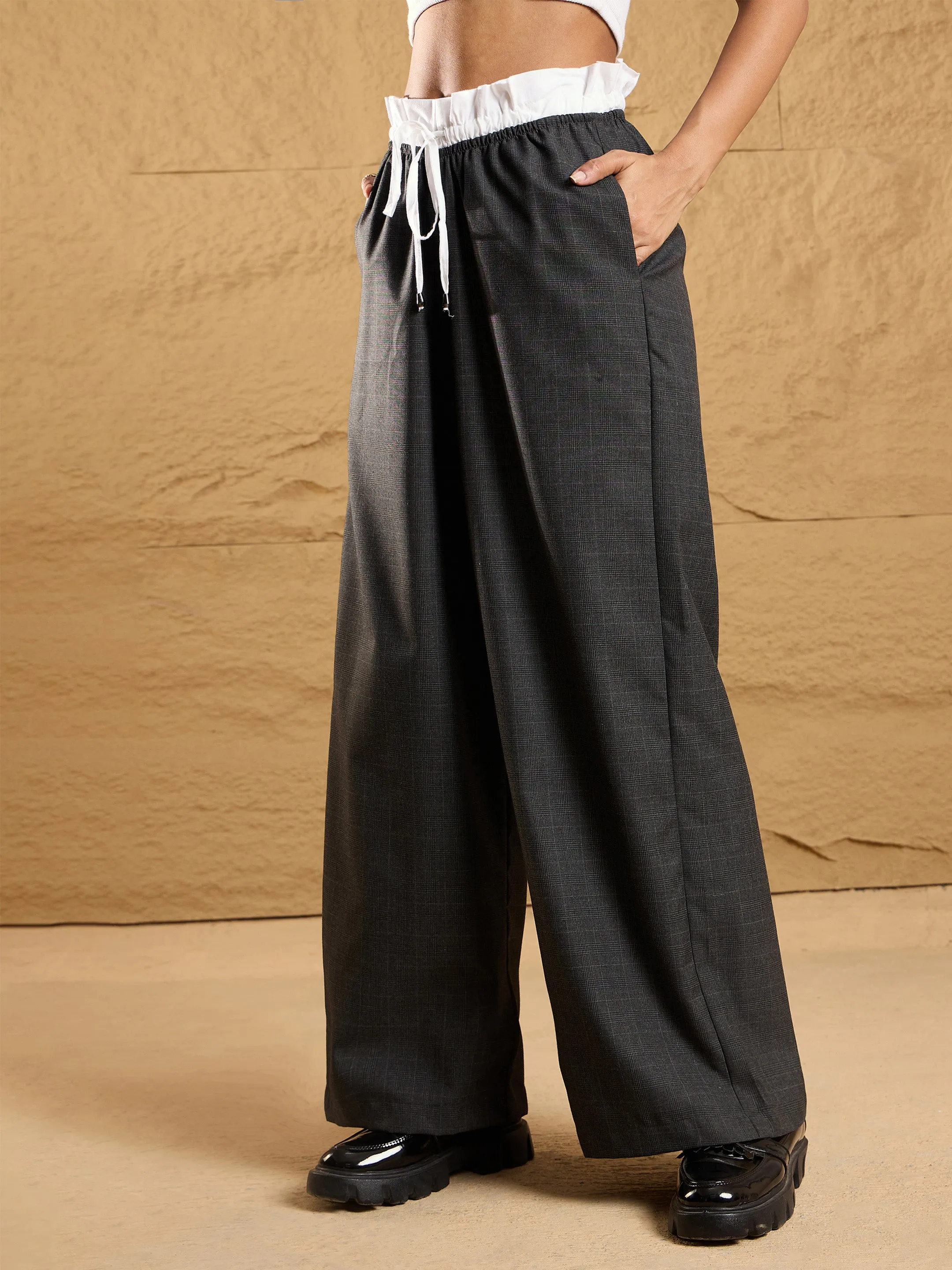 Women Black Check Contrast Paperback Waist Pants