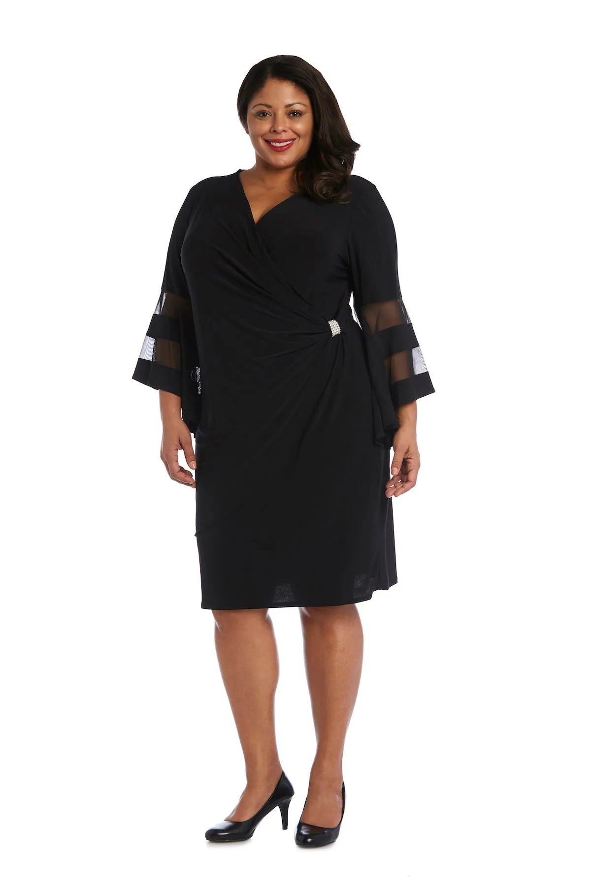 Women Plus Size Flattering Knee-Length Wraparound Dress with Bell-Sleeves