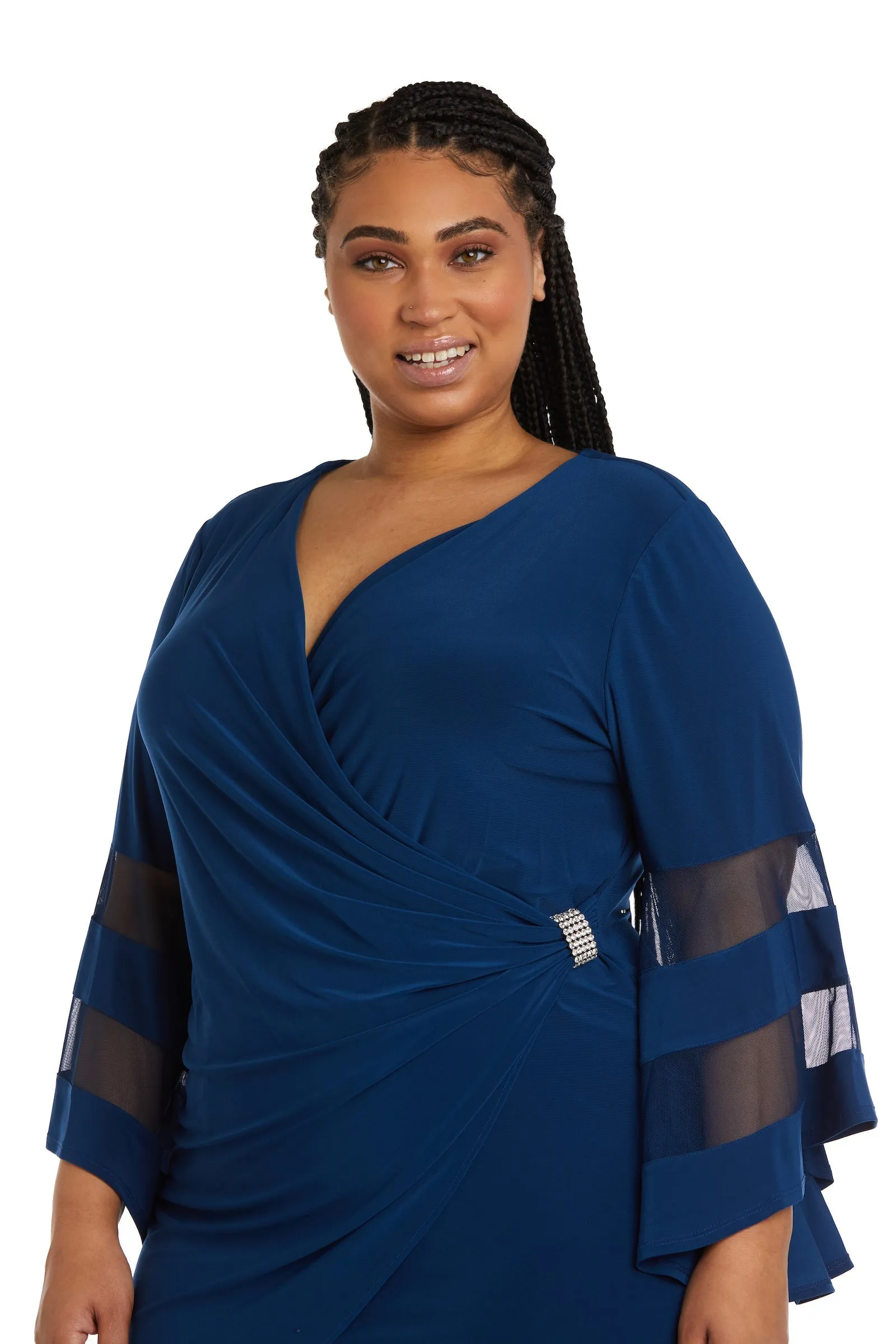 Women Plus Size Flattering Knee-Length Wraparound Dress with Bell-Sleeves