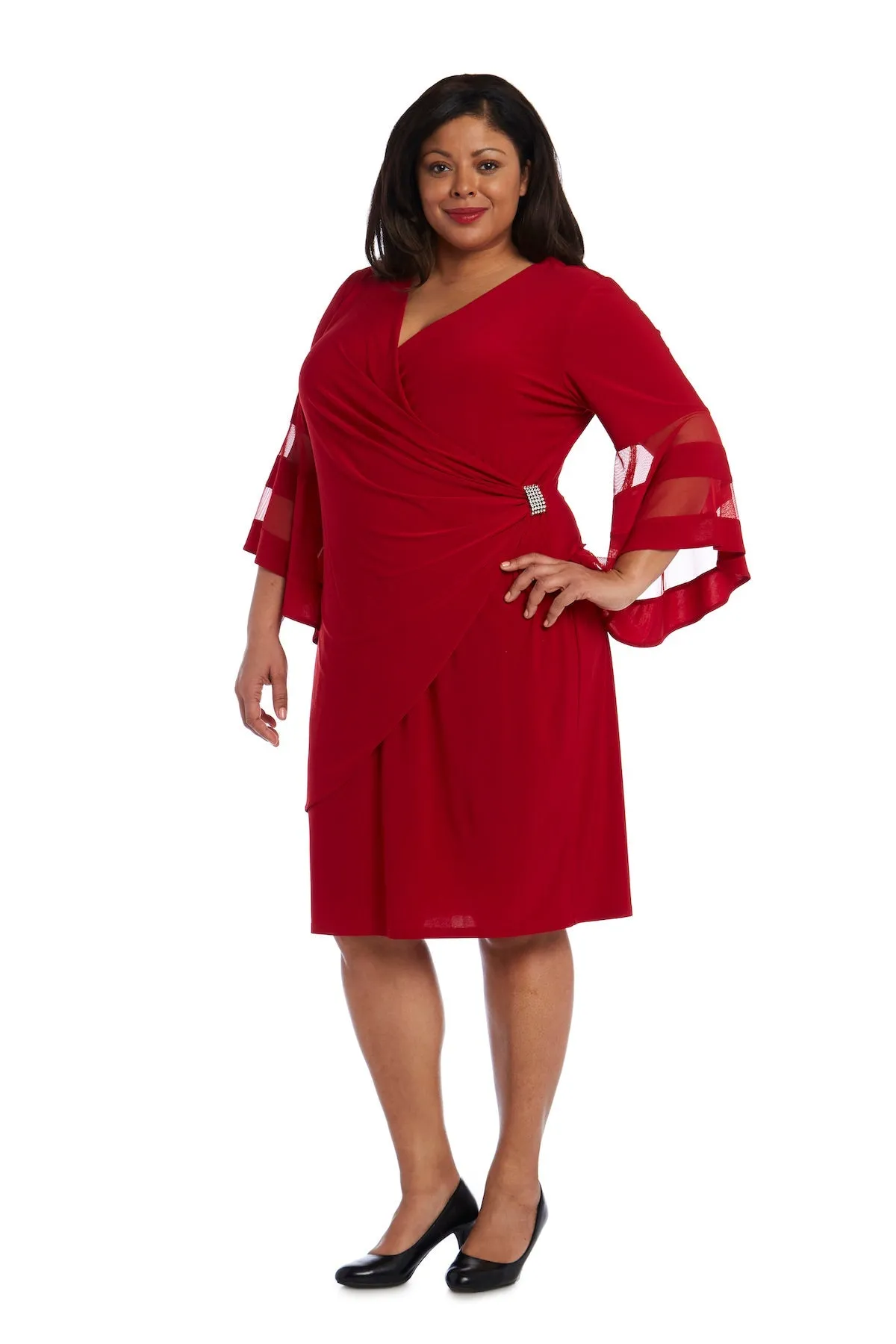 Women Plus Size Flattering Knee-Length Wraparound Dress with Bell-Sleeves