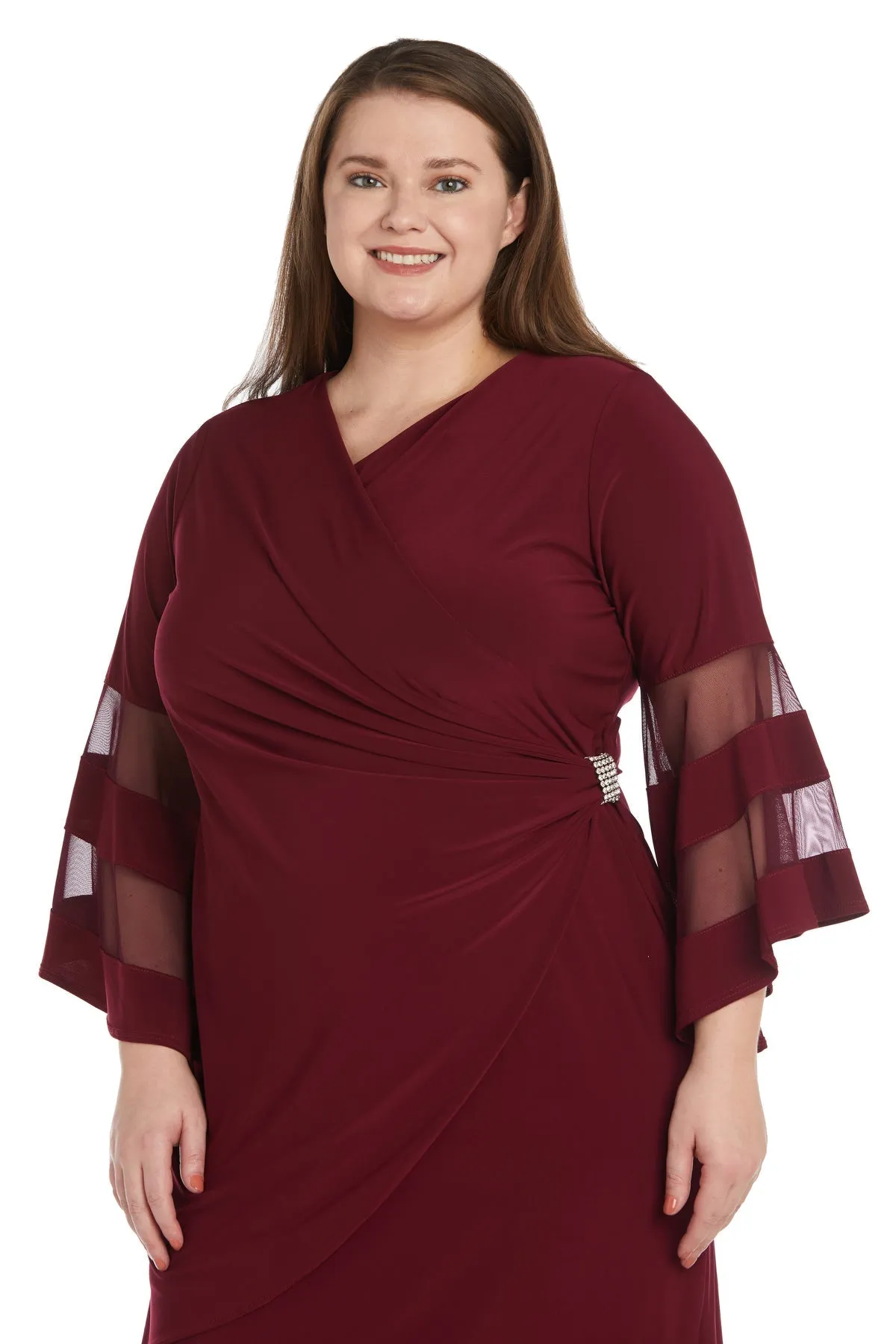 Women Plus Size Flattering Knee-Length Wraparound Dress with Bell-Sleeves