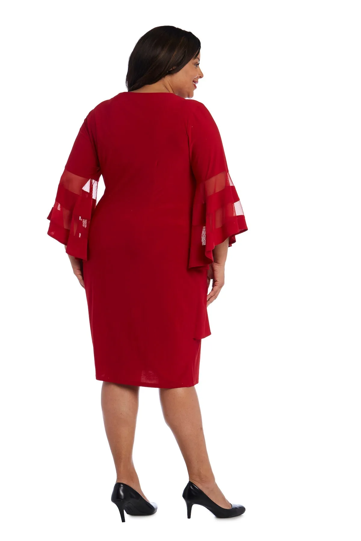 Women Plus Size Flattering Knee-Length Wraparound Dress with Bell-Sleeves