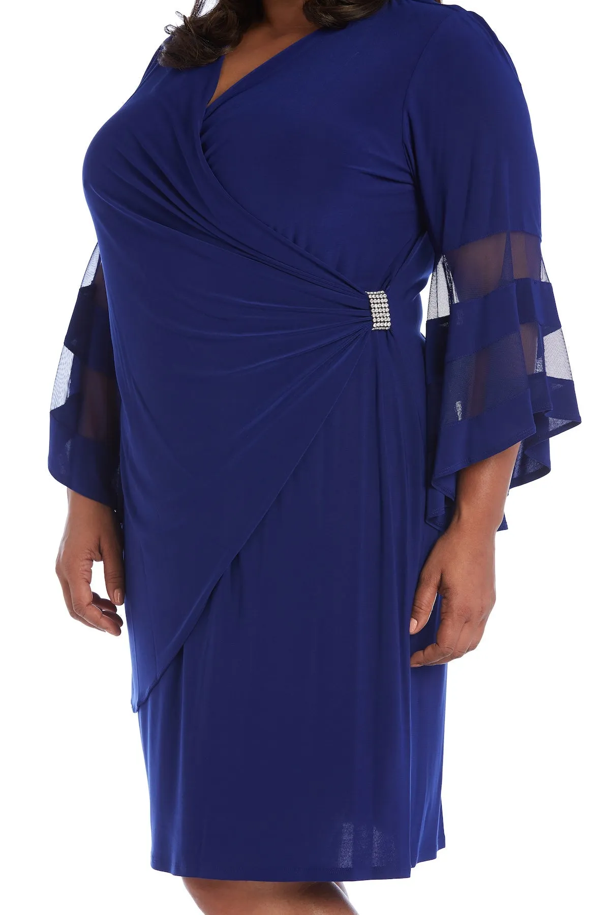 Women Plus Size Flattering Knee-Length Wraparound Dress with Bell-Sleeves