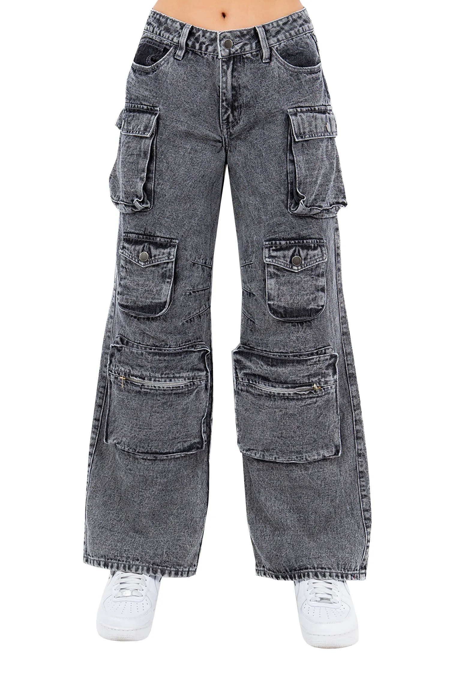 Women's High Rise Stone Washed Cargo Pocket Loose Fit Denim Jeans