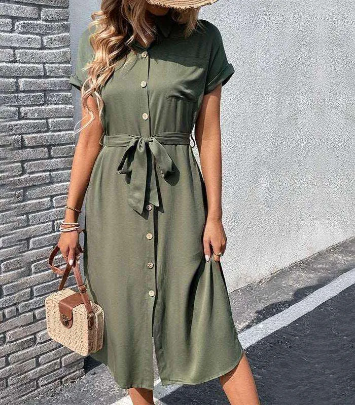 Women's Short Sleeved Mid-Length Shirt Dress