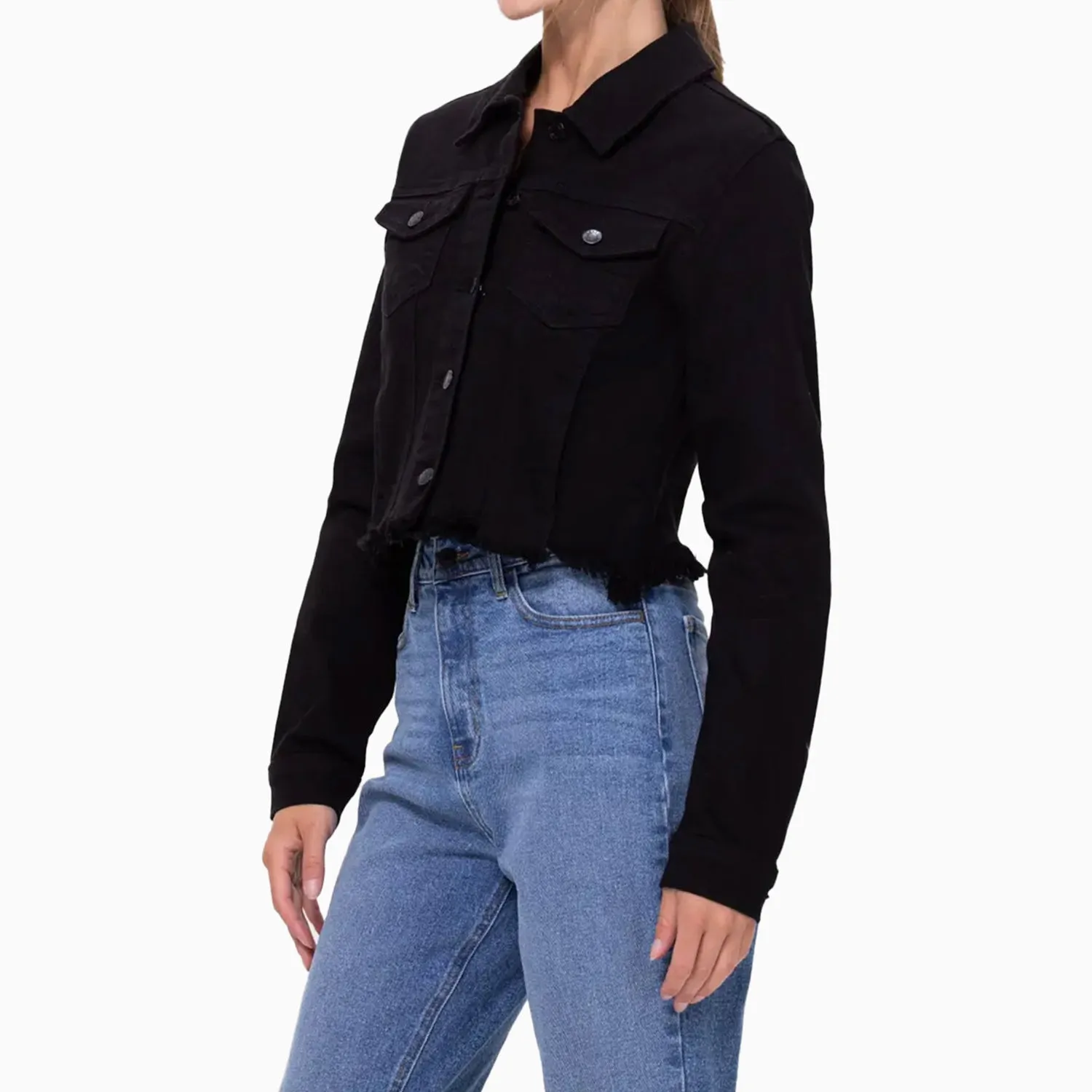 Women's Uneven Black Wash Frayed Fitted Jacket