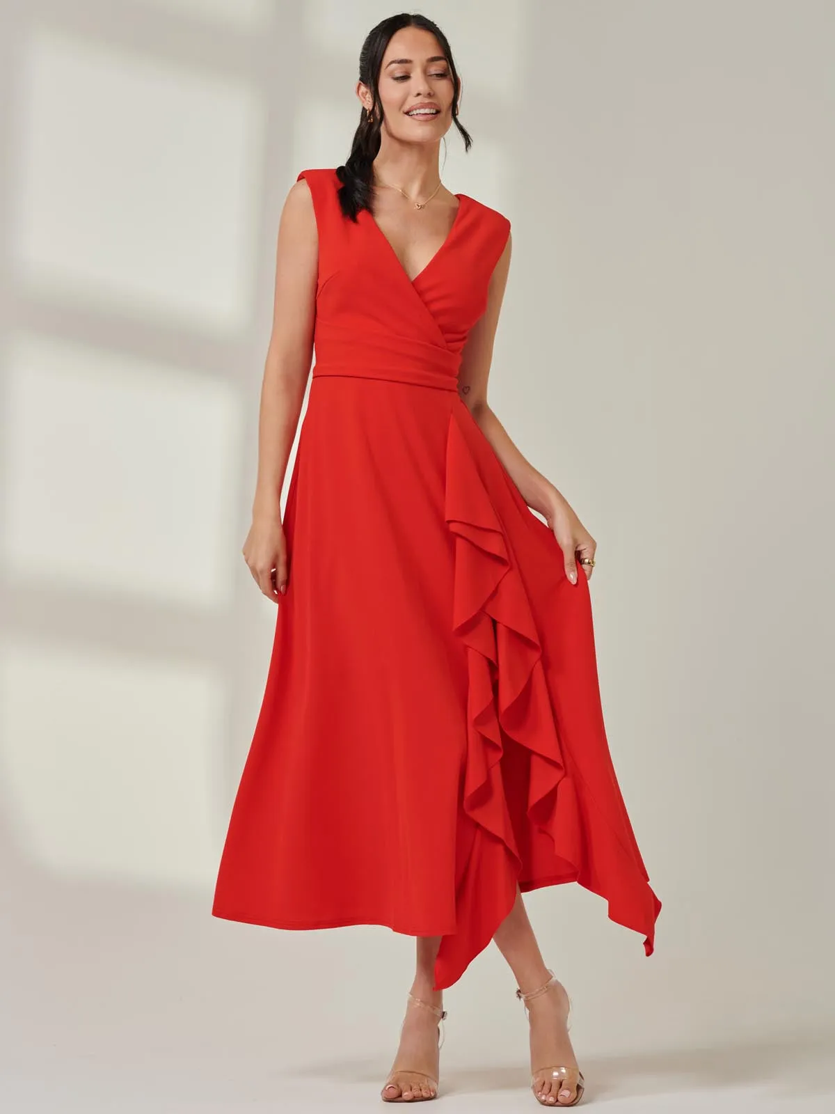 Wrap Front Frill Detail Maxi Dress, Red