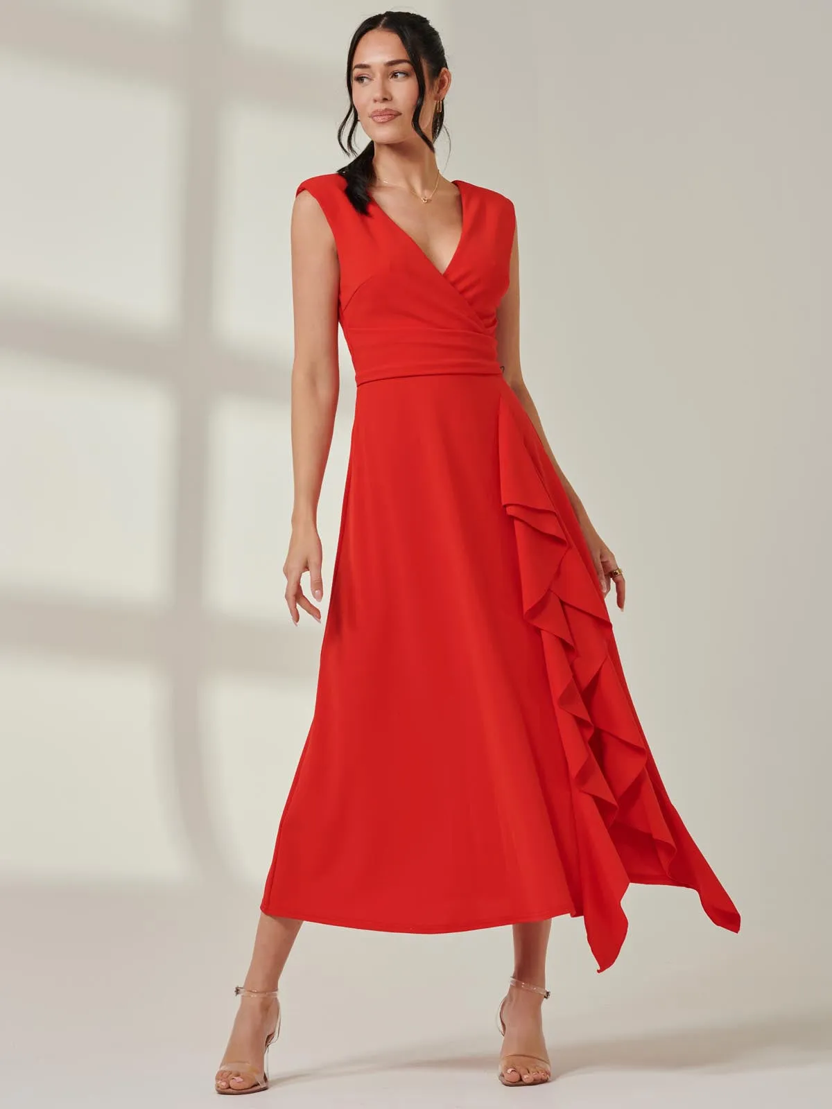 Wrap Front Frill Detail Maxi Dress, Red